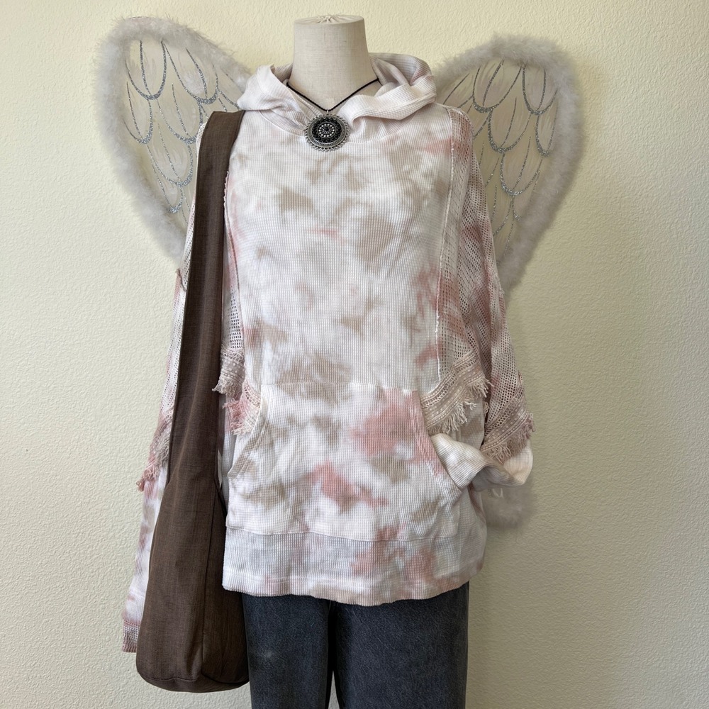 Boho Grunge Tie Dye Waffle Knit Hooded Top Mesh Fringe Lace‎ Trim Pink White S